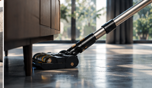 Aspirateur balai glissé sous un meuble bas