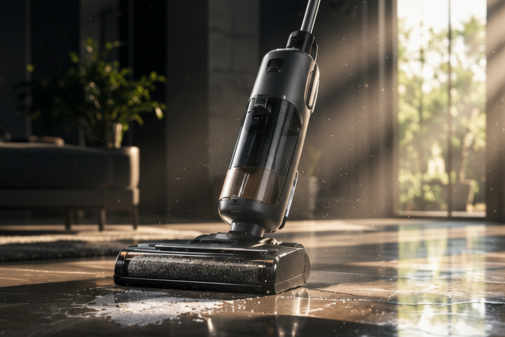 Aspirateur laveur CleanSweet sur sol carrelé dans un salon