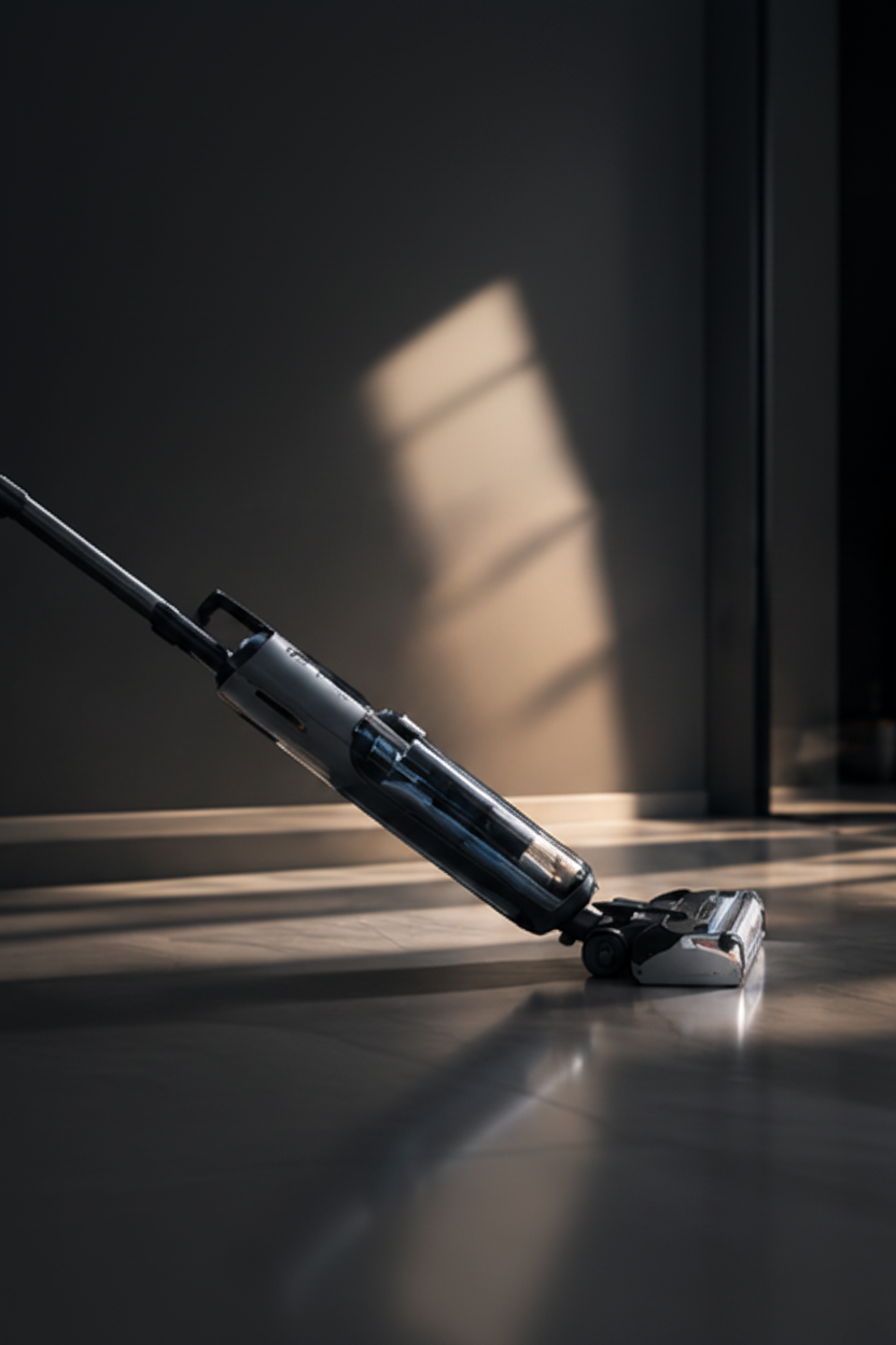Aspirateur laveur vu en angle dans un couloir