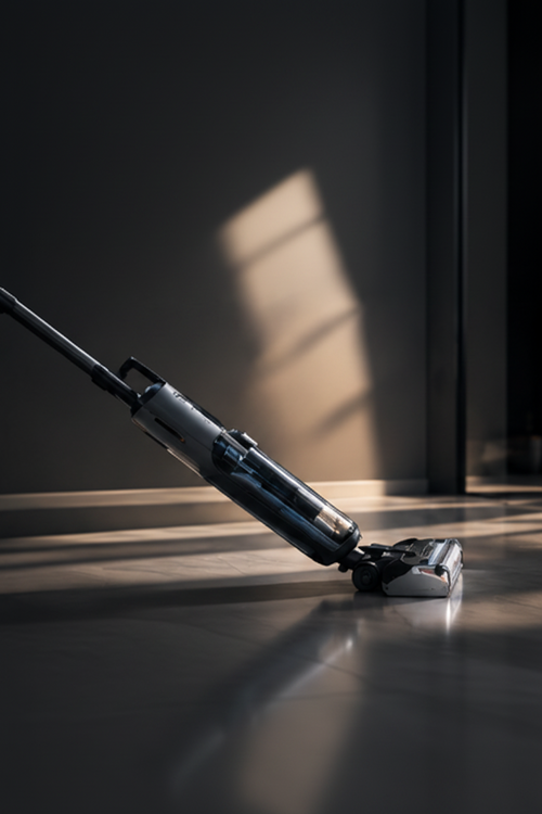 Aspirateur laveur vu en angle dans un couloir