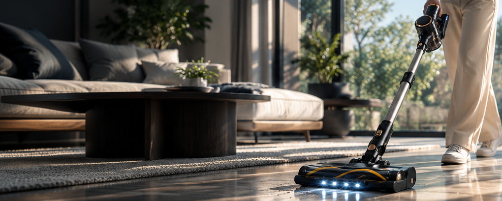 Utilisation de l'aspirateur balai dans un salon lumineux