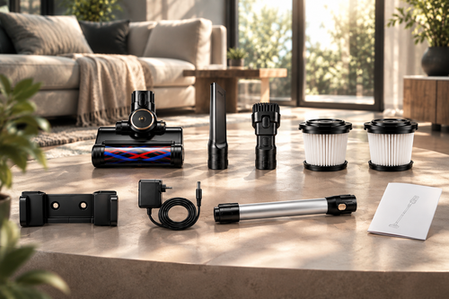 Ensemble des accessoires fournis disposés sur une table